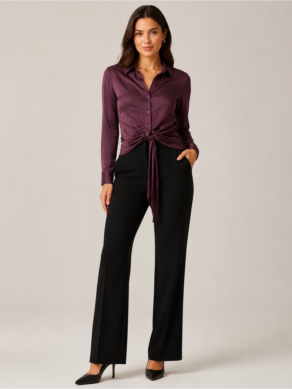 Express Satin Button-Down Tie-Front Shirt - Plum